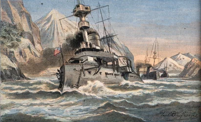 Americká flotila v Magellan Detroit. Rytina z novin „“Le Petro Parisien“, 23.2.1908. Soukromá sbírka.