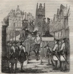 Rytíř François-Jean Lefebvre de La Barre (François Jean Lefebvre de La Barre) vystupuje roku 1766 na popraviště. Rytina v díle „Histoire des bagnes depuis leur création à nos jours“ (1877) od Pierra Zaccona (1817-1895), trestanecká kolonie
