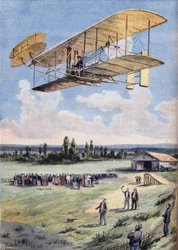 Létající muži: zážitky Wilbura Wrighta (1867-1912) nad závodní dráhou Hunaudieres poblíž města Le Mans. Rytina z novin "" Le Peute Parisien ", 30.8.1908. Soukromá sbírka.