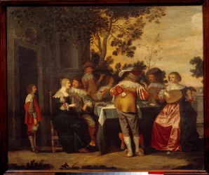 Karetní hra Gallant Scene s několika hráči a hudebníky. Anonymní malování. 17. století Lille, Musee des Beaux Arts