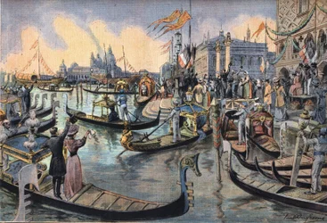 Německý císař Vilém II Pruský (1859-1941) v Benátkách. Rytina z novin "" Le Peute Parisien ", dne 12.04.1908. Soukromá sbírka.