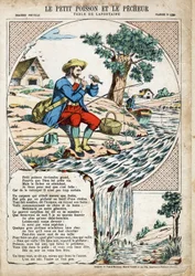 Rybička a rybář. Anonymní ilustrace pro Les Fables od Jean de LA FONTAINE (Lafontaine) (1621-1695). Imaging of Pont-a-Mousson, circa 1880. Soukromá sbírka.