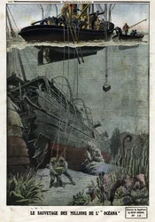 The Rescue of the Millions of the Oceana: Scaphandlers se ponoří z Eastbourne, aby vyzvedli 18 milionů kovů, které měl britský parník dopravit do Indie. Rytina v “” Le Petite Journal””, dne 19.5.1912. Soukromá sbírka.