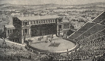 Dionýsovo divadlo, Akropolis, Athény, Řecko - rekonstrukce Dionýsova divadla ve starověkých Athénách v Řecku z roku 1890 - rytina, 1890