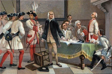 Zatčení Francoise Anneessense v roce 1719 za to, že byl hlavním podněcovatelem bruselských nepokojů v roce 1717. Reklamní chromolitografie čokolád Antoine v Bruselu, počátek 20. století. Soukromá sbírka