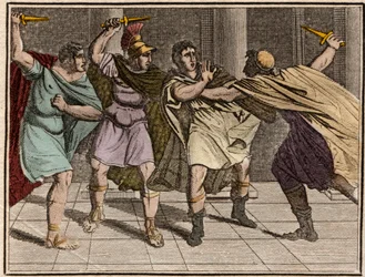 Atentát na římského císaře Julia Caesara (Jules César - Giulio Cesare nebo Gaius Julius Caesar) 15. března 44 př. n. l. - rytina z „The Rollin of Youth or Chosen Pieces of Ancient and Roman Stories“, 1816 - soukromá sbírka