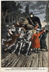 Zbojníci z dálnic: útok lyonské pošty mezi Lieusaint a Melun (Seine Et Marne) v dubnu 1796. Rytina v „“Le Petite Journal“
