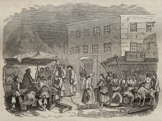 Jídelna bagne de Rochefort v 19. století. Rytina do „Historie trestanců od jejich vzniku po současnost“ (1877) od Pierra Zacconeho (1817-1895) (Colonia Penale - Trestná kolonie) Soukromá sbírka.