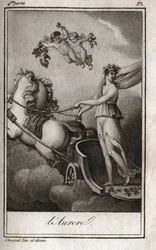 Svítání (Apollo vede vůz slunce). Alegorie východu slunce. Rytina z roku 1819 v „Lettres a Emilie sur la mythologie“ od Charlese Alberta Demoustiera (1760-1801). Soukromá sbírka.