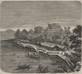 Vězeňská věznice Saint-Laurent v Cayenne (Francouzská Guyana) v 19. století. Rytina do „Historie věznic od jejich vzniku až po současnost“ (1877) od Pierra Zacconeho (1817-1895) (Colonia Penale - Trestná kolonie)