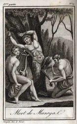 Trest nebo smrt Marsyas (The Punishment of Marsyas) je potrestán za to, že se vzepřel Apollónovi lyře, a je zabráněn Lučištníkem v přítomnosti krále Midase a múz. Rytina z roku 1819 v „Lettres a Emilie sur la mythologie“ od Charlese
