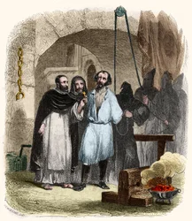 Otázka provazu v 16. století. Ilustrace v „“ Záhady inkvizice a jiných tajných společností Španělska”” Victor de Fereal, Suberwick, Manuel Galo de Cuendias. Vydal P. Boizard