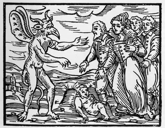 Čarodějové předkládající dítě ďáblovi - „“ Compendium Maleficarum “, pojednává o čarodějnicích, jejich zlu a jejich údělech od Francesca Maria Guazza nebo Guacca nebo Guaccius (15?? -16??) Soukromá sbírka 1608