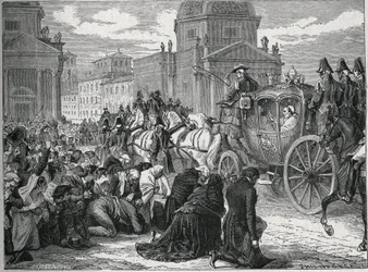 Triumfální vstup papeže Pia VII. (Pio) (1742-1823) v Římě (Roma) dne 24. května 1814. Rytina 19. století. Soukromá sbírka.