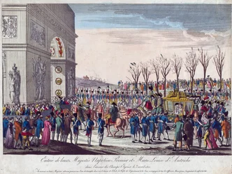 Svatební průvod Napoleona a Marie-Louise podél Champs Elysees 2. dubna 1810 - Anonymní - 1810 - Lept, akvarel - 35,3x45,7 - Soukromá sbírka