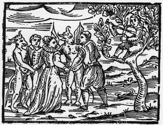 Čarodějnice o sabatu tančící za zvuku houslí - „Compendium Maleficarum“, pojednává o čarodějnicích, jejich zlu a jejich údělech od Francesca Maria Guazzo nebo Guaccia nebo Guaccius (15?? -16??) Soukromá sbírka 1608