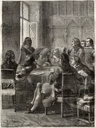 Rijswijcká smlouva (Rijswijcká smlouva, 30. října 1697) (konec války Augsburské ligy mezi Ludvíkem XIV. a Velkou aliancí). Rytina z 19. století. Soukromá sbírka.