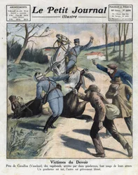 Různé události: vražda dvou četníků potulnými zločinci na silnici do Cavaillonu ve Vaucluse. Ilustrace převzatá z „Le Petit Journal“ ze dne 06/03/1921. Soukromá sbírka.