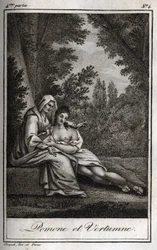 Vertumne a Pomone (Jupiter a Ceres): Vertumne, zamilovaná do nymfy Pomone, se přestrojí za starou ženu, aby se k ní přiblížila. Rytina z roku 1819 v „Lettres a Emilie sur la mythologie“ od Charlese Alberta Demoustiera (1760-1801). Soukromá sbírka.