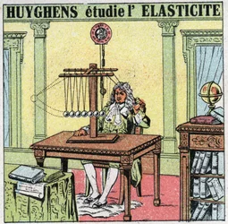 Vibrační pohyby: Christiaan Huygens (1629-1695) studuje elasticitu materiálu pozorováním korálků ze slonoviny. Anonymní ilustrace z roku 1925. Soukromá sbírka.
