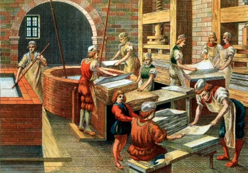 Pohled na dílnu na výrobu papíru ve Fabrianu v 16. století, Itálie. Různé kroky. Ilustrace. Soukromá sbírka – dílna na výrobu papíru ve Fabrianu (Itálie)