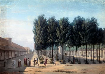 Pohled na nádvoří Paisibles v hospici Bicetre Procházka duševně nemocných v nemocnici v roce 1824. Anonymní kvaš. Paříž, Musee Carnavalet