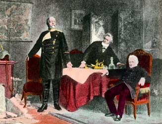 Válka 1870: politický rozhovor mezi kancléřem Bismarckem (1815-1898), Julesem Favrem (1809-1880) a Adolphem Thiersem (1797-1877). Rytina kolem roku 1870. Soukromá sbírka