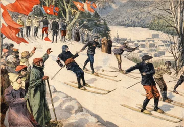 Zimní sport: Lyžařská soutěž v Chamonix v Haute Savoie v Alpách, Francie. Švýcarské a francouzské vlajky povzbuzují lyžaře. Rytina z novin „“Le Petite Parisien““