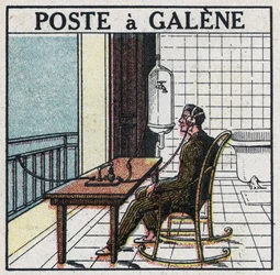 Bezdrátová telefonie: radiostanice v galénu. Anonymní ilustrace z roku 1925. Soukromá sbírka.
