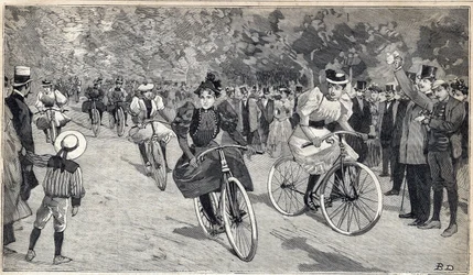 Ženský závod velocipedistek v Bois de Boulogne u Paříže. Rytina v „“Le Petit Parisien““ dne 25.6.1893.