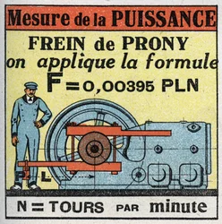 Práce a síla: měření síly s brzdou Prony. Anonymní ilustrace z roku 1925. Soukromá sbírka.