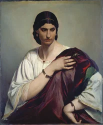 Lucrezia Borgia; portrét římské ženy v bílé tunice a červeném rouchu
