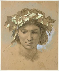 Ženská hlava ověnčená břečťanem. Studie k obrazu „Platónova hostina“ (1873, Berlínská národní galerie)