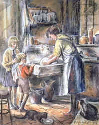 Helping with the Washing Up, 1975 (wc a pastelka)