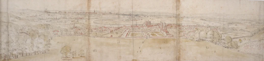 Greenwichský palác a Londýn z Greenwich Hill (pero a hnědý inkoust a akvarel přes náznaky černou křídou)