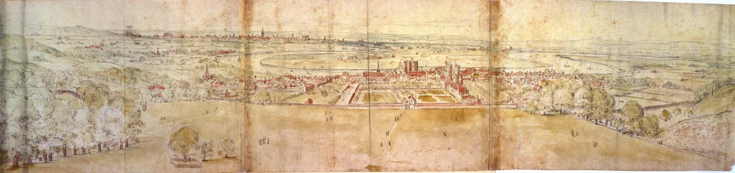 Greenwichský palác a Londýn z Greenwichského kopce, asi 1544 (pero, tuš, křída a čmouha na papíře)