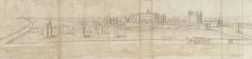 Palác Hampton Court od severu (pero a hnědý inkoust a akvarel přes slabé náznaky černou křídou)
