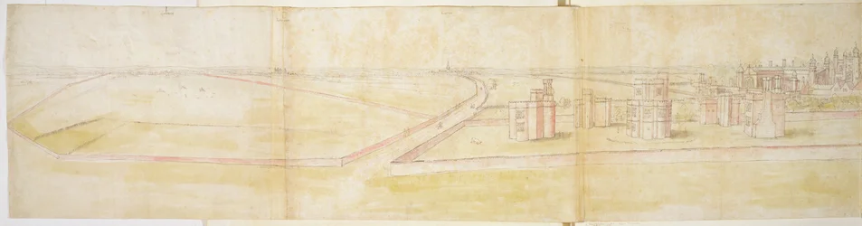 Hampton Court Palace ze severu, cca 1544 (pero, inkoust a wc na papíře)