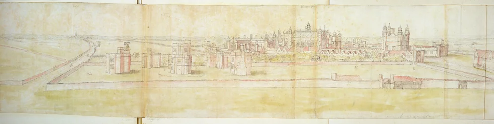 Hampton Court Palace ze severu, cca 1544 (pero, inkoust a wc na papíře)