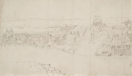 Panorama Londýna při pohledu ze Southwarku: Durham House k Barnards Castle (pero a inkoust přes černou křídu na papíře)