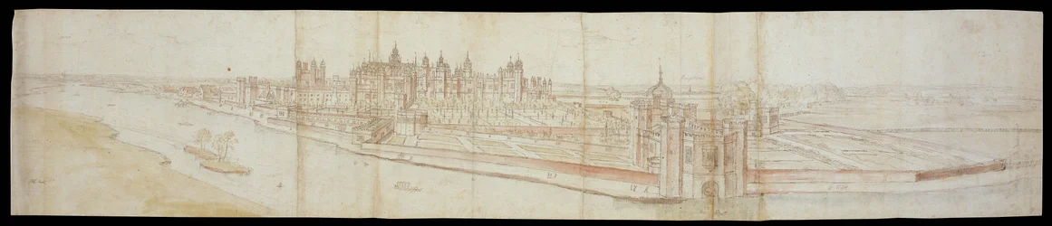 Pohled na palác Hampton Court od jihu, s řekou v popředí, 1558 (pero a hnědý inkoust a akvarely přes černou křídu)