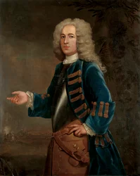 Portrét Henryho Boyla, kapitána koní, v krajině s bitvou za ní, 1730