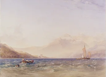 Hlava jezera Loch Fyne, s hradem Dindarra, 1850 (wc, barva karoserie přes grafit na papíře)