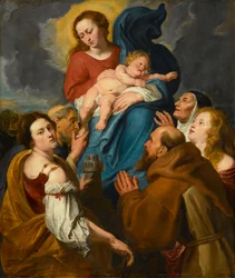 Madonna a dítě s pěti svatými, asi 1627-1630 (olej na dubovém panelu v kolébce)