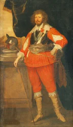 Portrét šlechtice, o kterém se říká, že je Henry Rich, 1. hrabě z Holandska, po celé délce, má na sobě náprsník, šerpu a meč, ruku položenou na tyči, helmu na podstavci, stojící před zakrytou kolonádou,