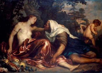 Vertumne a Pomone (Jupiter a Ceres): Vertumne, zamilovaná do nymfy Pomone, se přestrojí za starou ženu, aby se k ní přiblížila. Obraz Antonie Van Dycka (1599-1641) 1623-1625 Ne. 141x197 cm Genes, Galleria di Palazzo Bianco