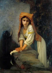 Mladá pradlena, obraz Ernesta Héberta (1817-1908), 19. století, 0,88 x 1,2 m, Paříž, Musée Hébert