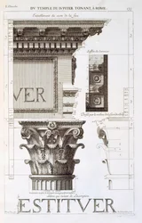 Entablatura, kapitál a nápis z chrámu Jupitera Tonanse (The Thunderer), z „Les Edifices Antiques de Rome“, 1682