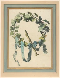 Kresba, trofej s flétnou, břečťanem a modrou stuhou, 1780-90