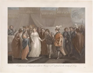 Catherine van Valois a koning Hendrik V van Engeland Catharine of France předložený Jindřichu V. Anglickému při Trójské smlouvě (titul na předmětu)